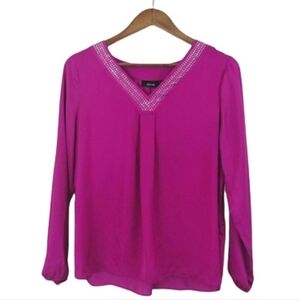 Apt. 9 Fuchsia Pink V-neck Shirt Dressy Career Metallic Embellished Blouse Top